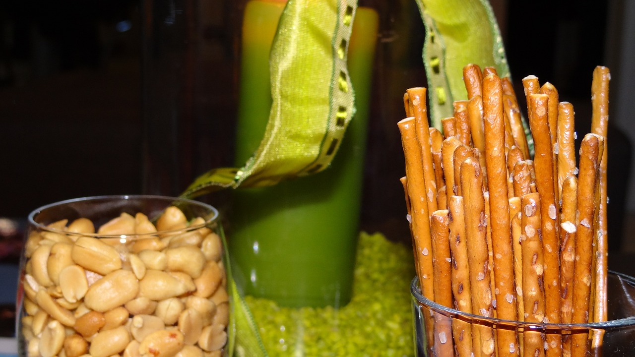 pretzel sticks, peanuts, bar