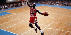Michael Jordan jumping high in a basketball court