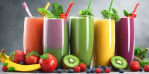 healthy smoothies variety with fresh fruits and vegetables