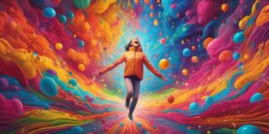 happy person experiencing joy and excitement, brain illustration with dopamine release, vibrant colors