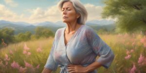 woman experiencing menopause symptoms and finding relief, serene nature background